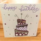 Handmade Birthday Card – Purple & Silver Tiered Cake with Sparkle Acce