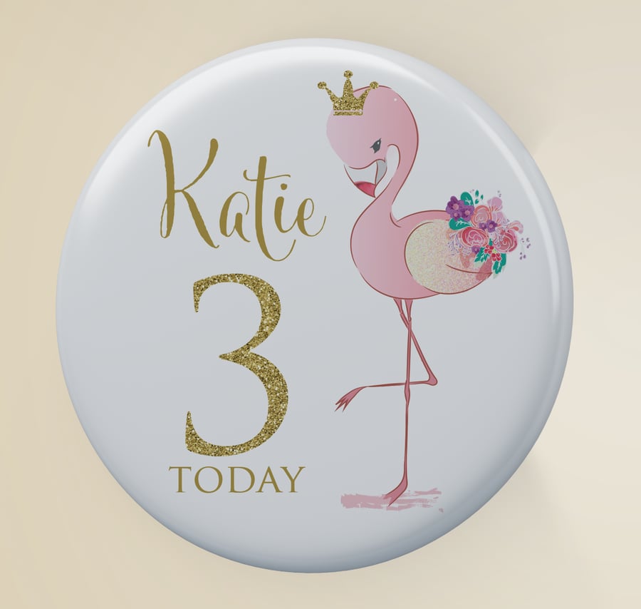 Personalised Flamingo Birthday Badge 58mm