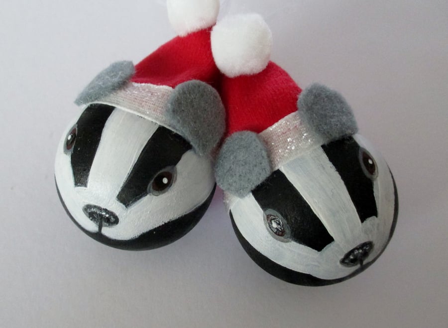 2x Badger Christmas Tree Bauble Decoration Hand Painted Pet Animal 