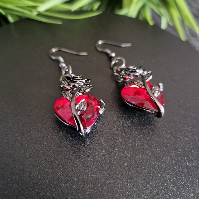 Red Crystal Heart Rose Earrings Gun metal Alt Grunge Vampire