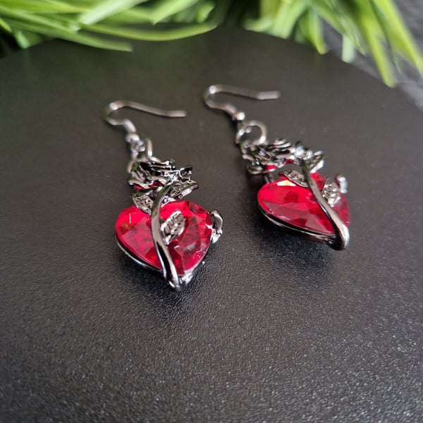Red Crystal Heart Rose Earrings Gun metal Alt Grunge Vampire