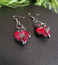 Red Crystal Heart Rose Earrings Gun metal Alt Grunge Vampire