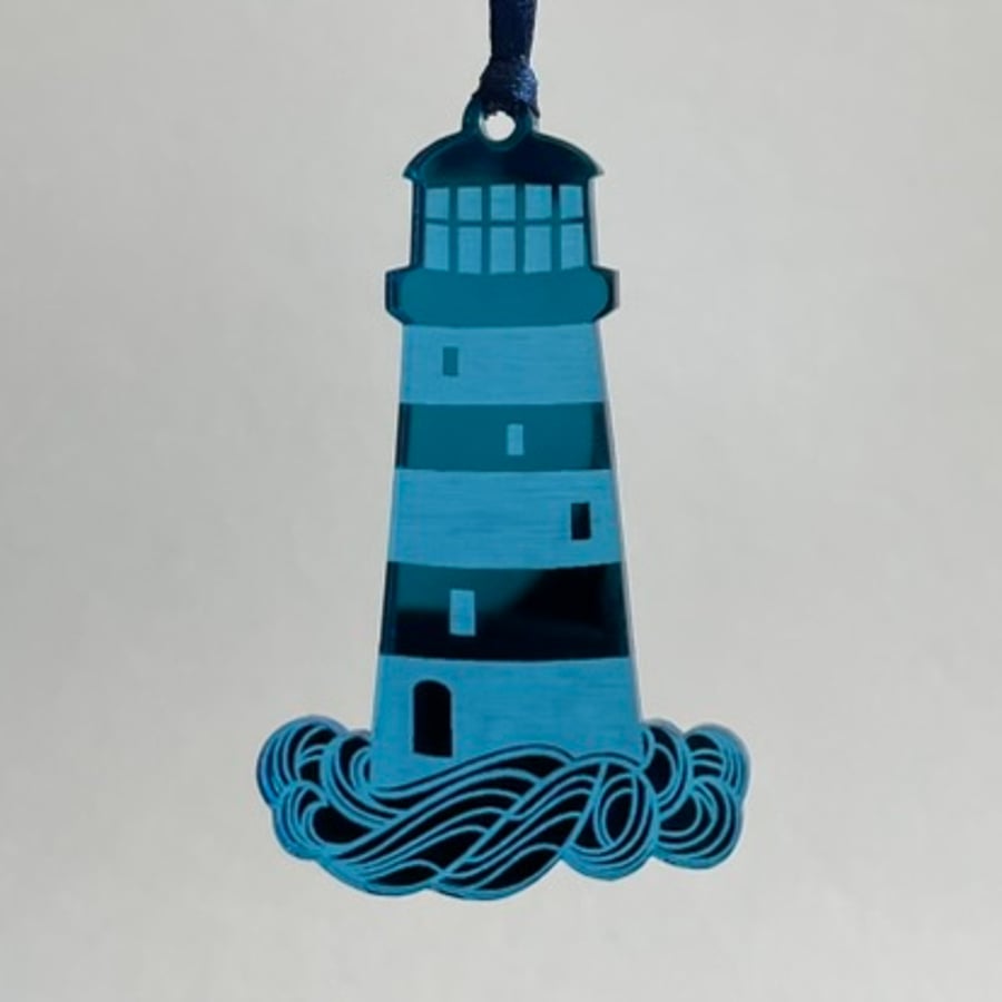 Blue mirrored acrylic lighthouse decoration