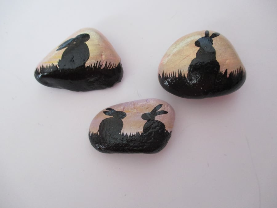 Painted Pebble Bunny Rabbit Silhouette Rock Painting Original Art Set 02 