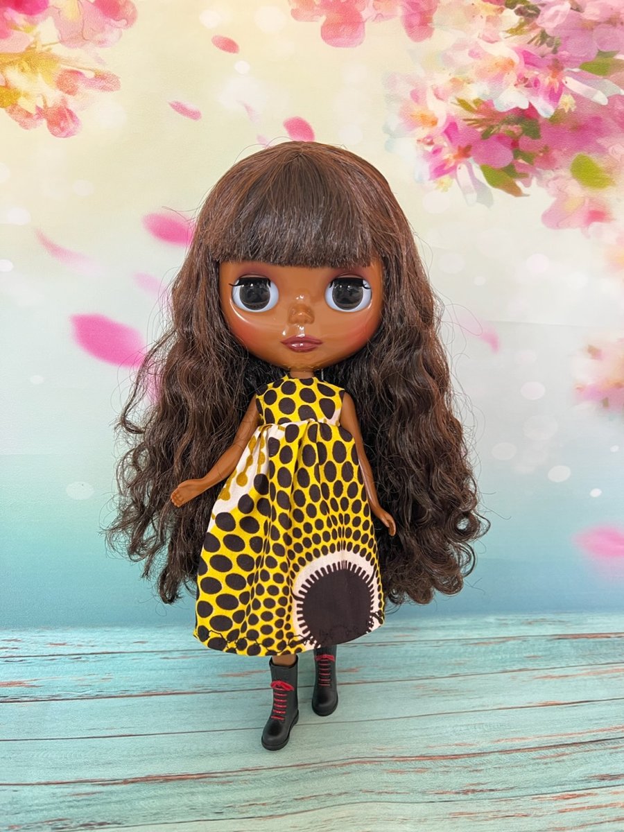 Blythe dress black with African themed fabric. To fit Pullip and Blythe dolls.