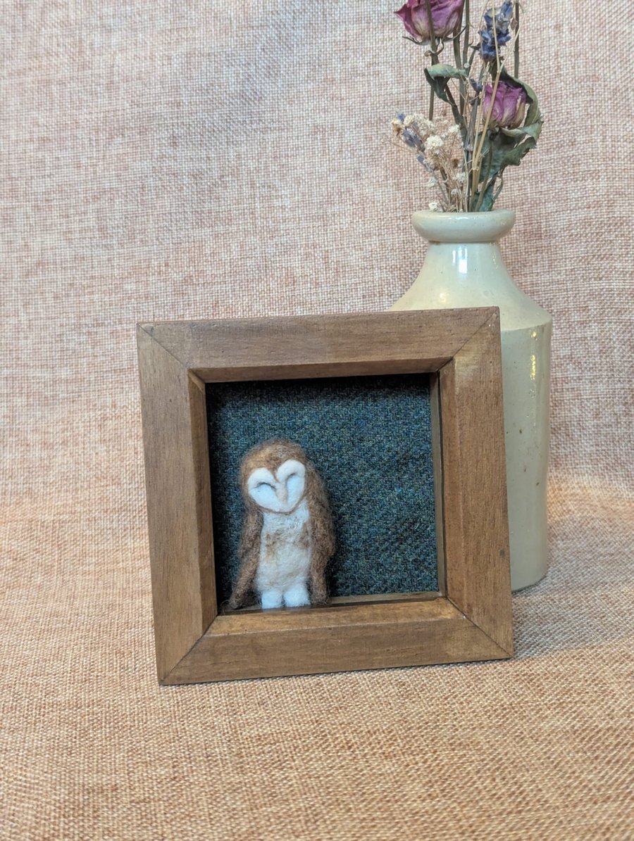 Needle Felt Barn Owl in a Wood Stained Box Frame 6"x6"