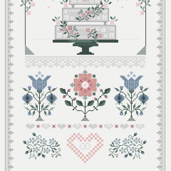 289 Cross stitch pattern Wedding Day Cake Sampler plus alphabet