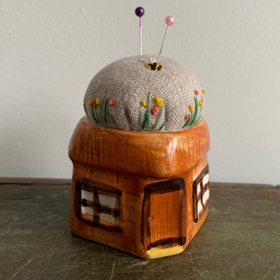 Vintage cottage egg cup embroidered pin cushion
