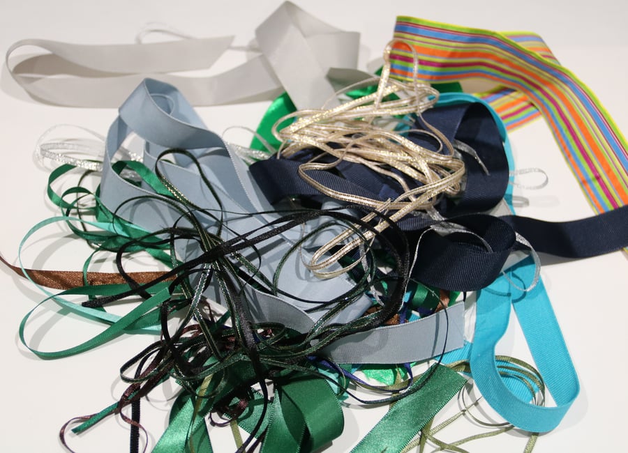 Bundle of assorted ribbons - Blue & Green mix, 24 pieces, inc gros grain, satin