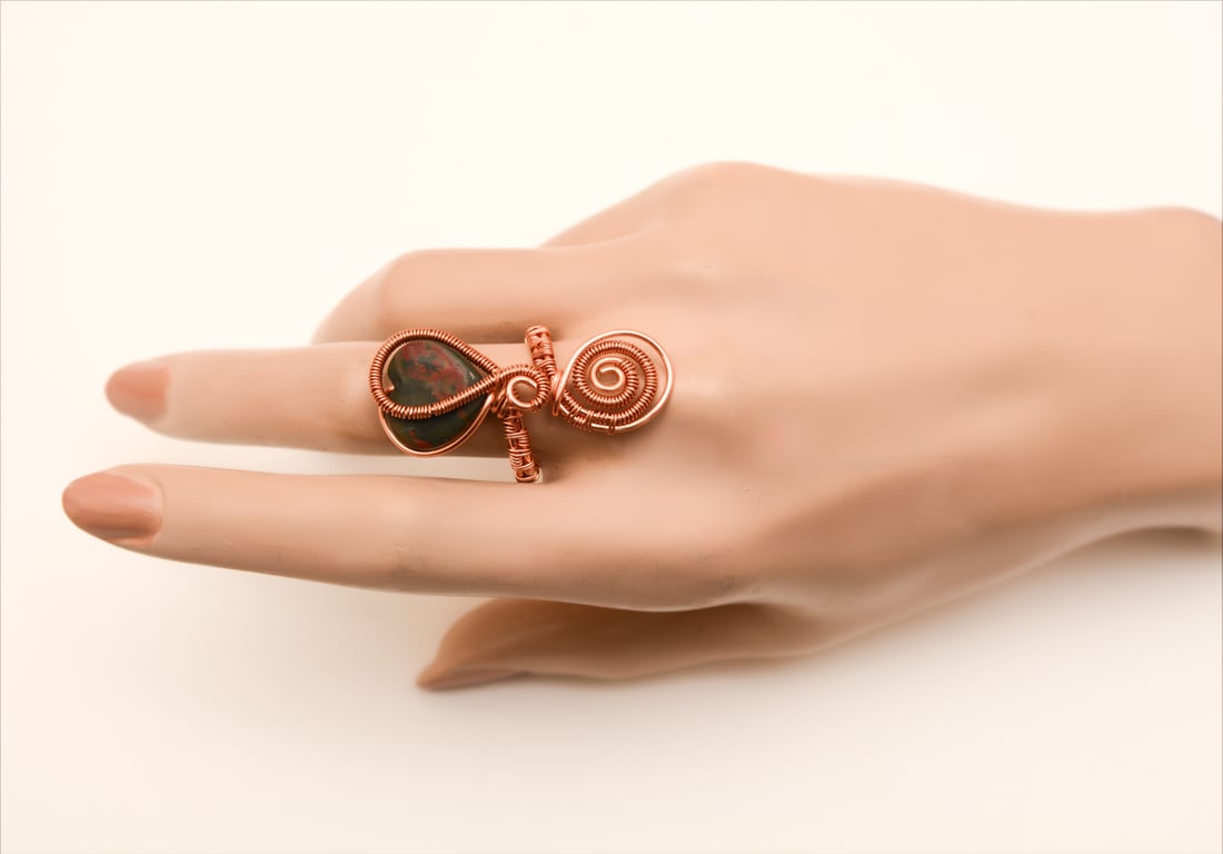 Unique Handmade Copper Wire Wrapped Jasper Ring – Boho Gemstone Jewelry,