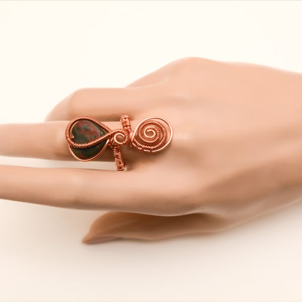 Unique Handmade Copper Wire Wrapped Jasper Ring – Boho Gemstone Jewelry,