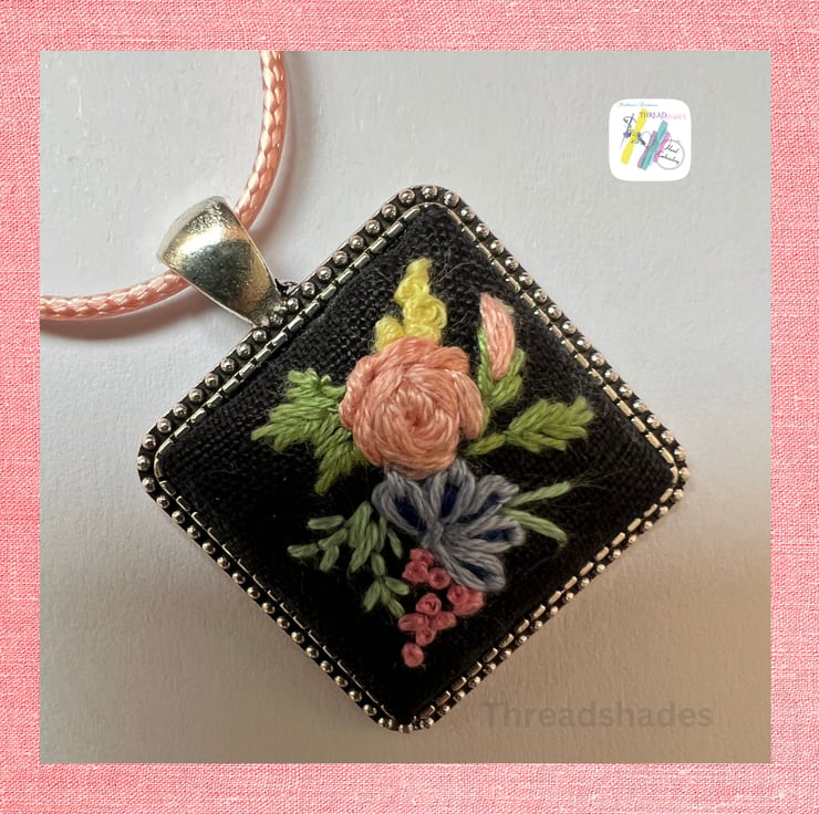 Hand embroidered pendant, floral embroidery nec... - Folksy