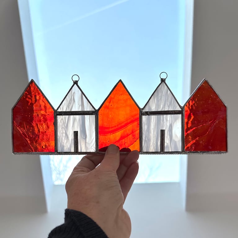 Stained Glass Suncatcher Beach Huts - Handmade Decoration - Red White