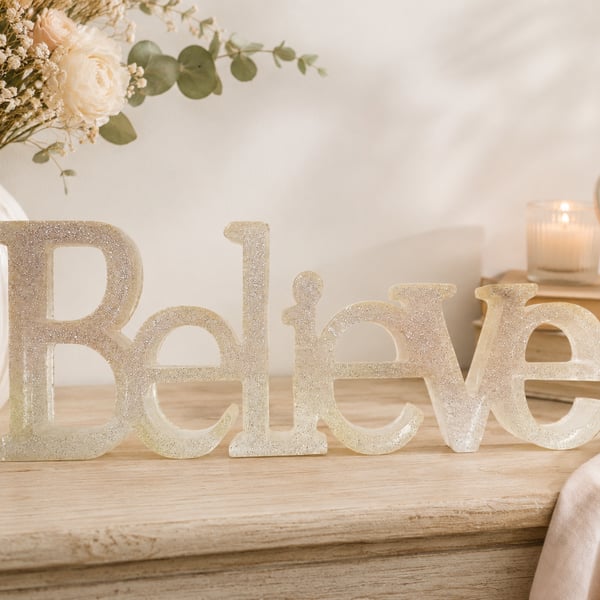 Summer Seconds. Handcast Pale Pink Glittery Resin Believe Ornament. 