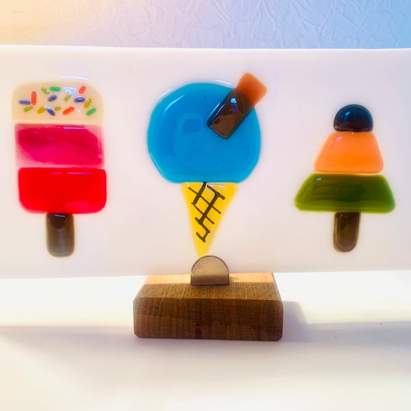 Ice cream and lollies fused glass decoration with stand