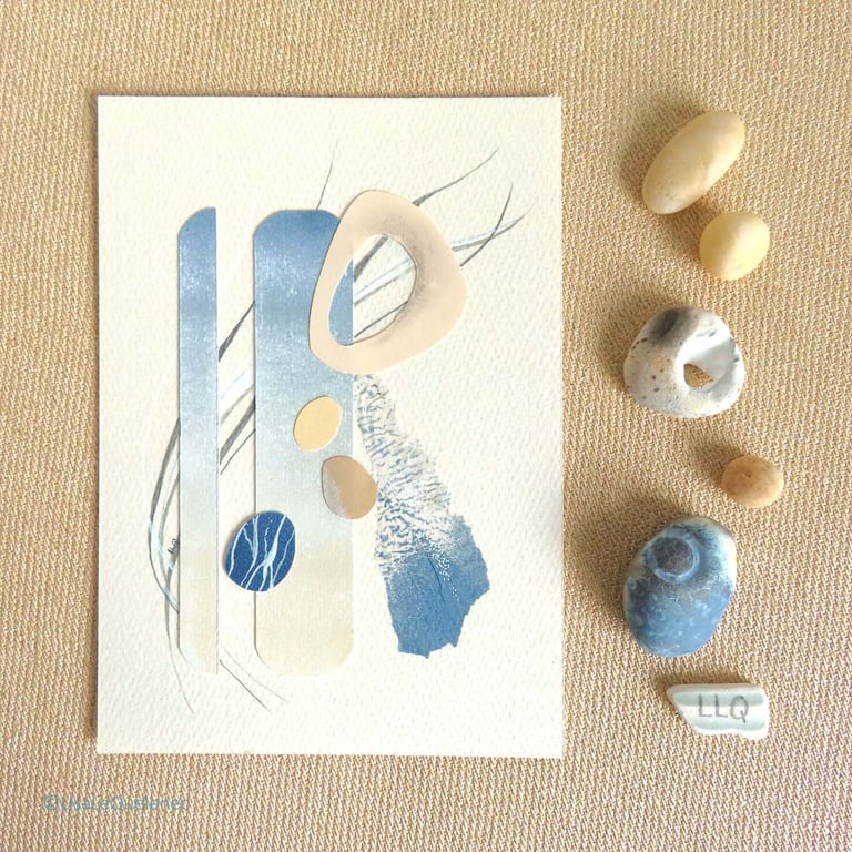 Original collage and mixed media abstract pebbles on the shore portrait format
