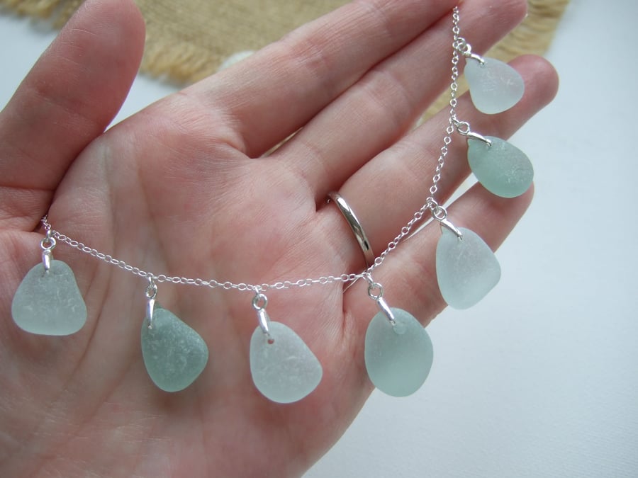Seaham Sea Glass Necklace, Sea Foam Multi Pendants, 18" Sterling Silver