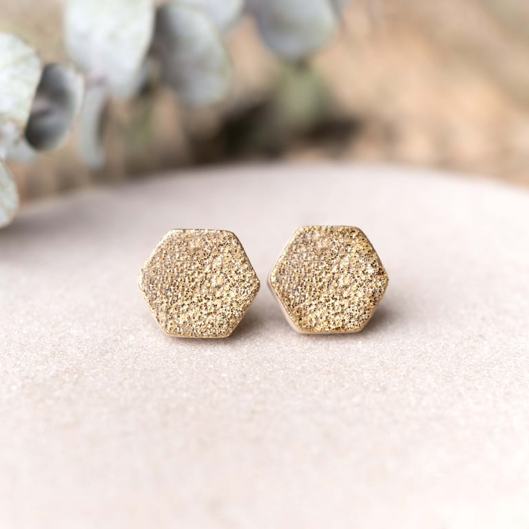 Gold Glitter Hexagon Stud Earrings: Handmade Polymer Clay