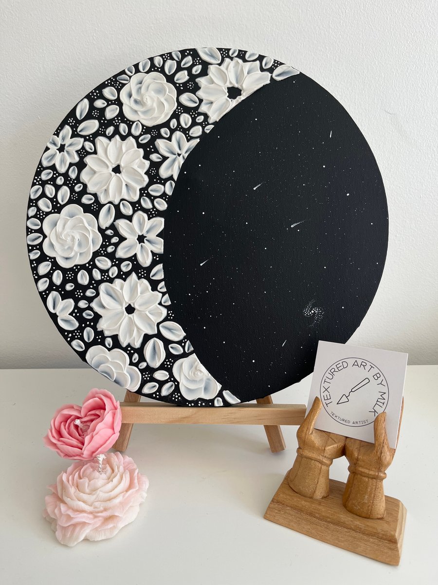 Flower Moon  Original Textured Floral Art Circle Canvas Hand Painted 