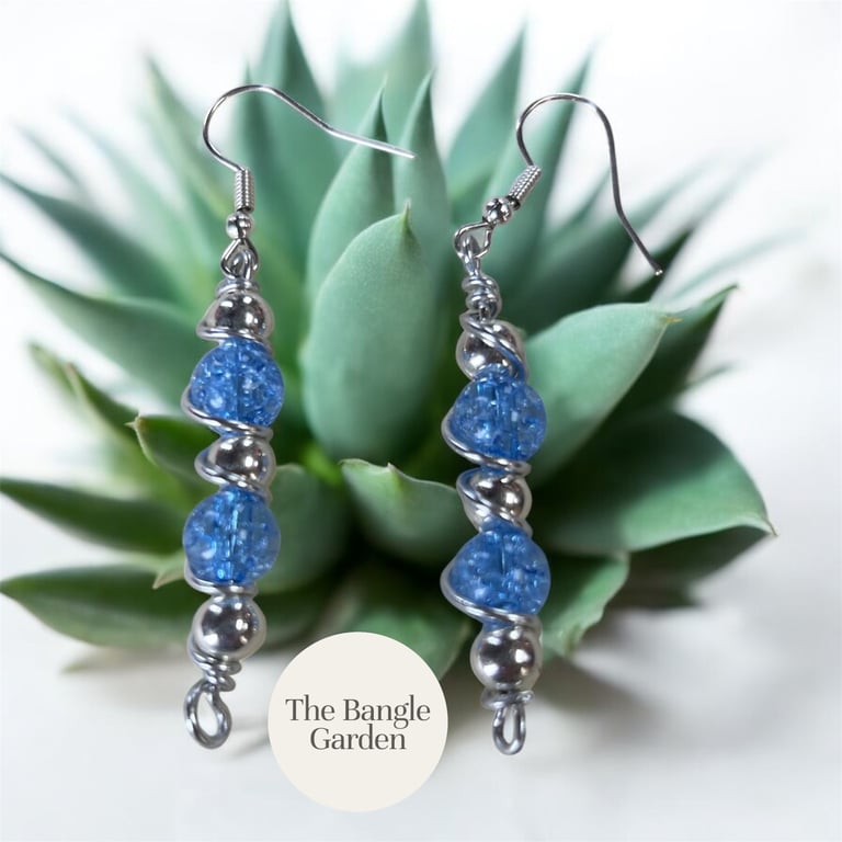 Wire wrapped Blue Bead Earrings