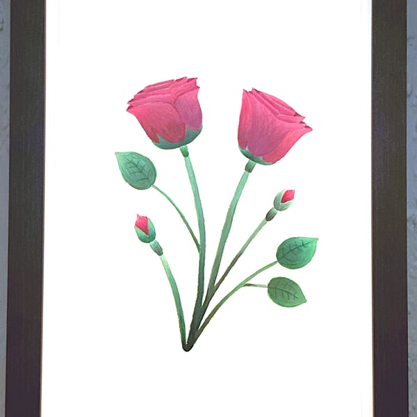 Genuine Made in UK Framed A3 Print Red Roses Stylish White Border Wallart