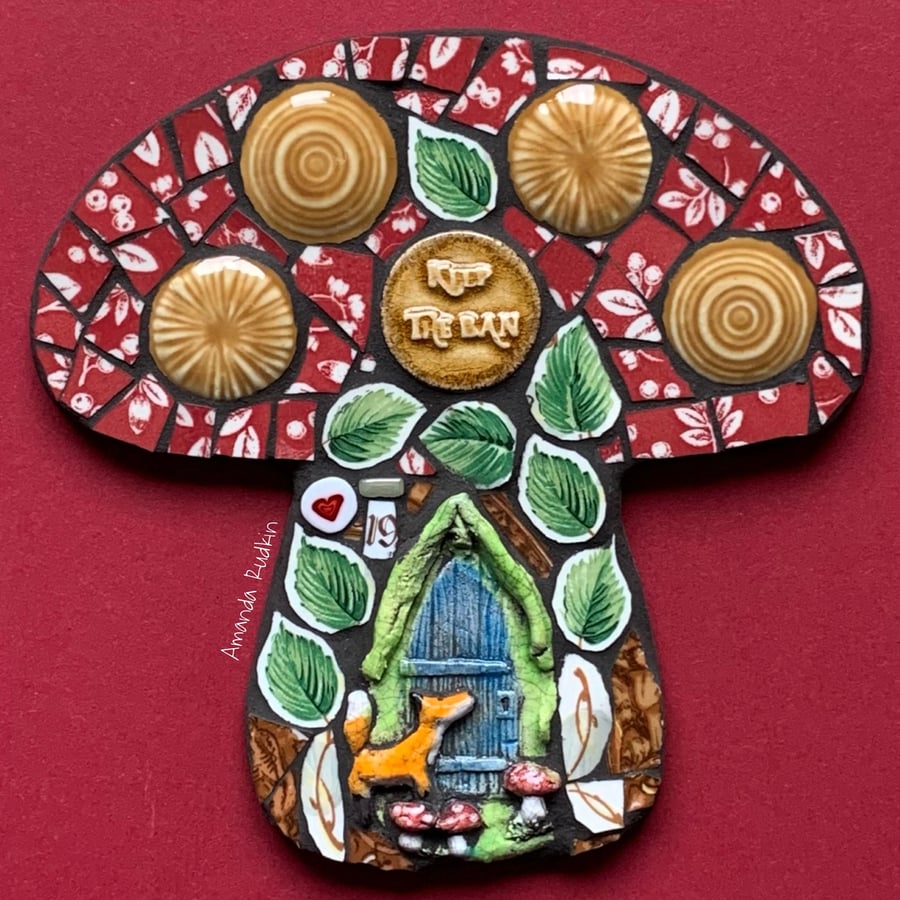 Original handcrafted pique assiette foxy toadstool mosaic by Amanda Rudkin