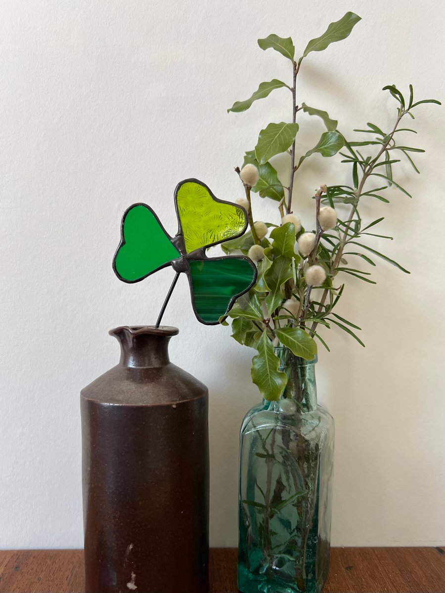 Stained glass shamrock stem - green Irish St Patrick’s day clover 