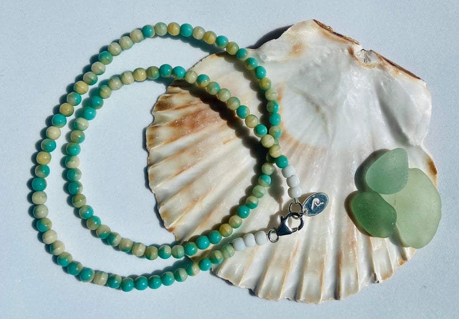 Green & Turquoise Czech Glass Bead Necklace with Sterling Silver Detail