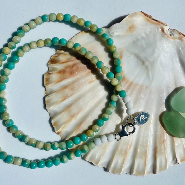 Green & Turquoise Czech Glass Bead Necklace with Sterling Silver Detail