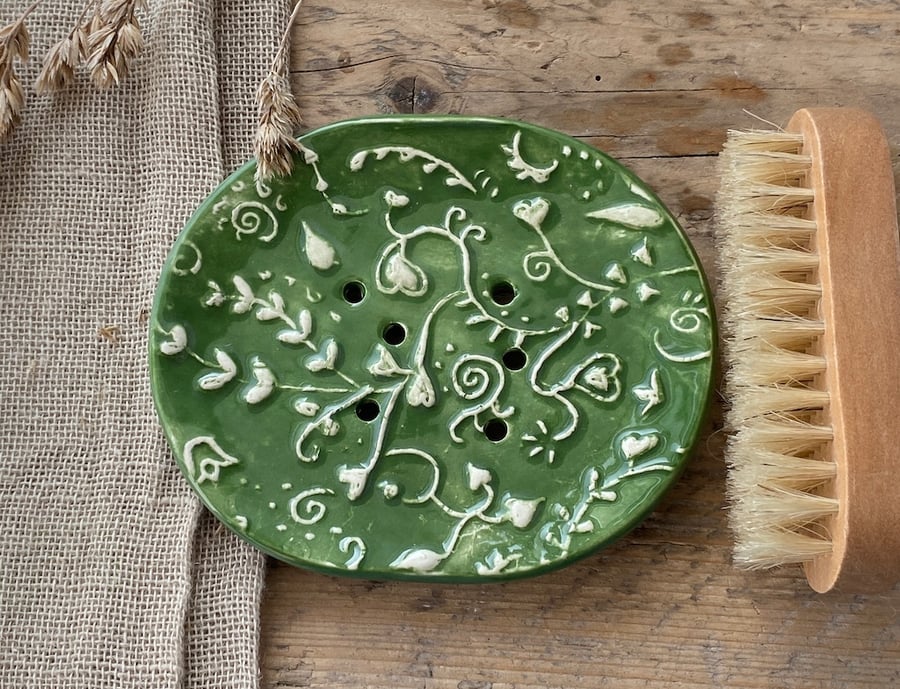 Handmade Soap Dish Ceramic Green Botanical dish with drainage