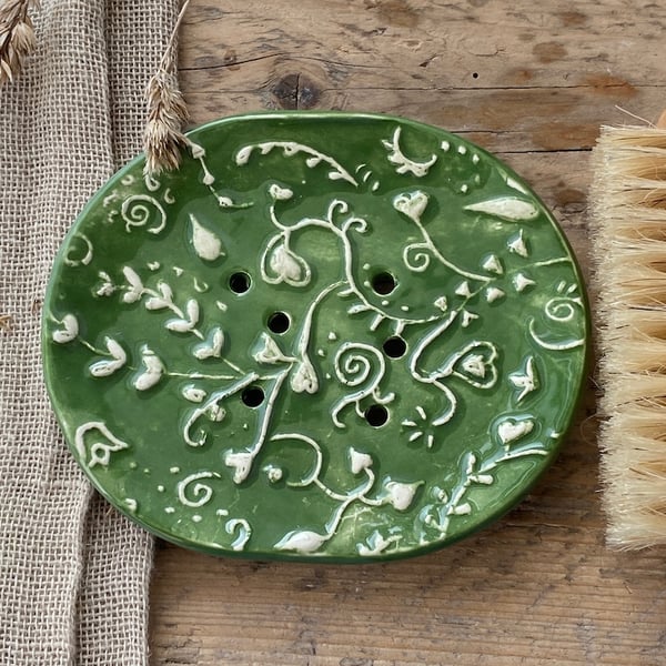 Handmade Soap Dish Ceramic Green Botanical dish with drainage