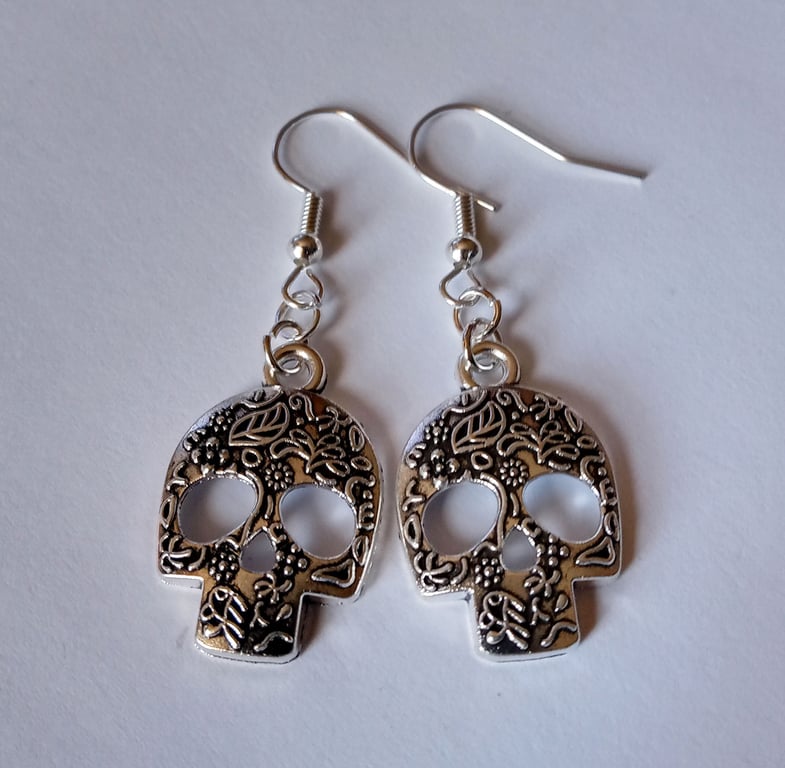 Sugar Skull Silver Plate Charm Earrings