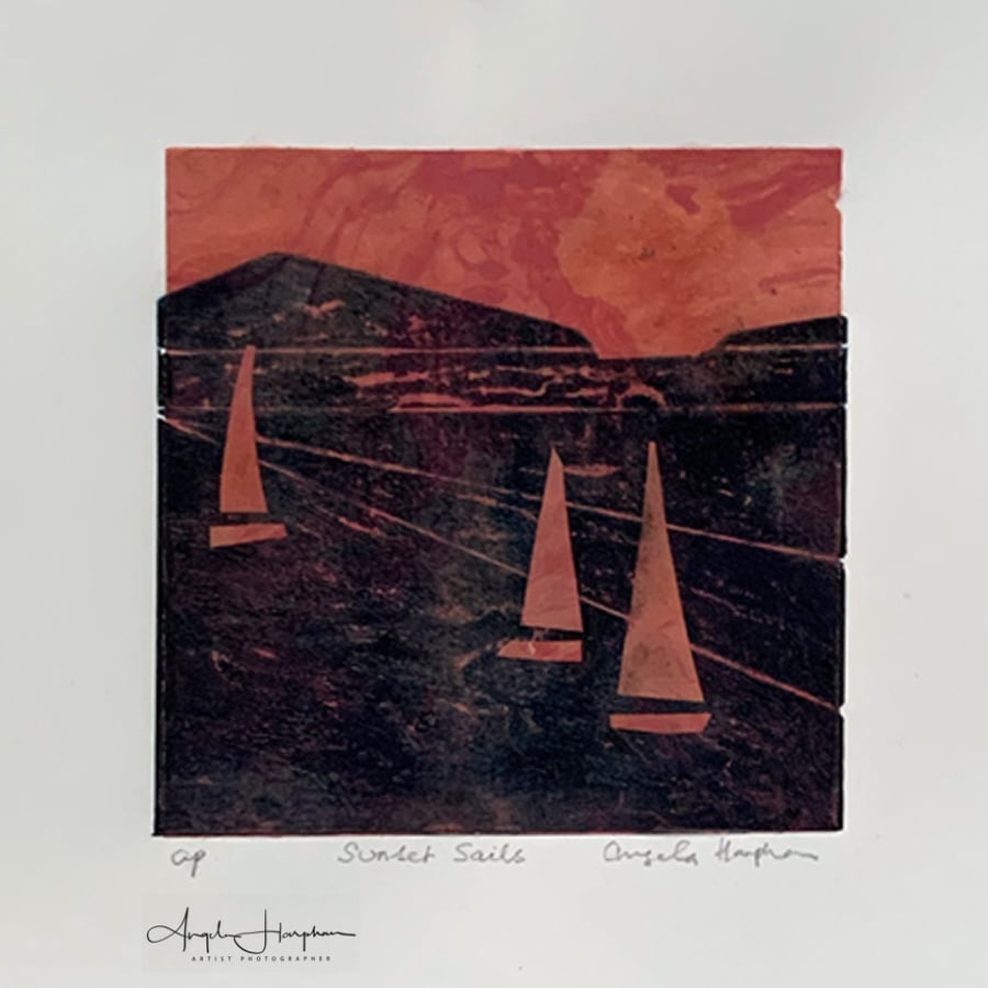 Lino Print with Chine Colle Marbled Paper - Sunset Sails - Yachts