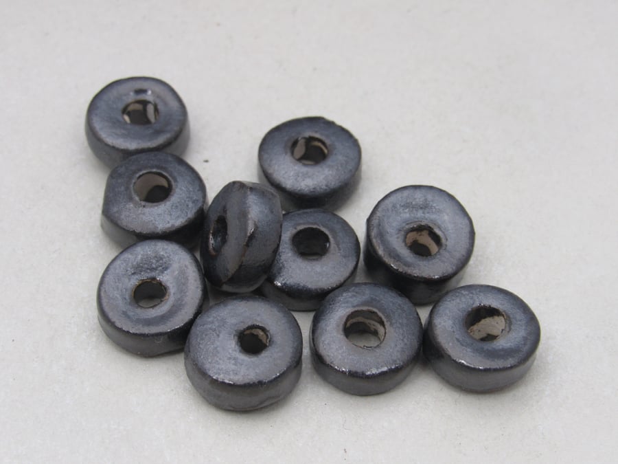 10 Small Brushed Steel Ceramic Washer Beads