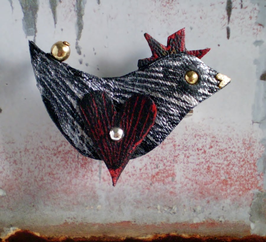 " Spike " Bird Brooch in recycled Leather 