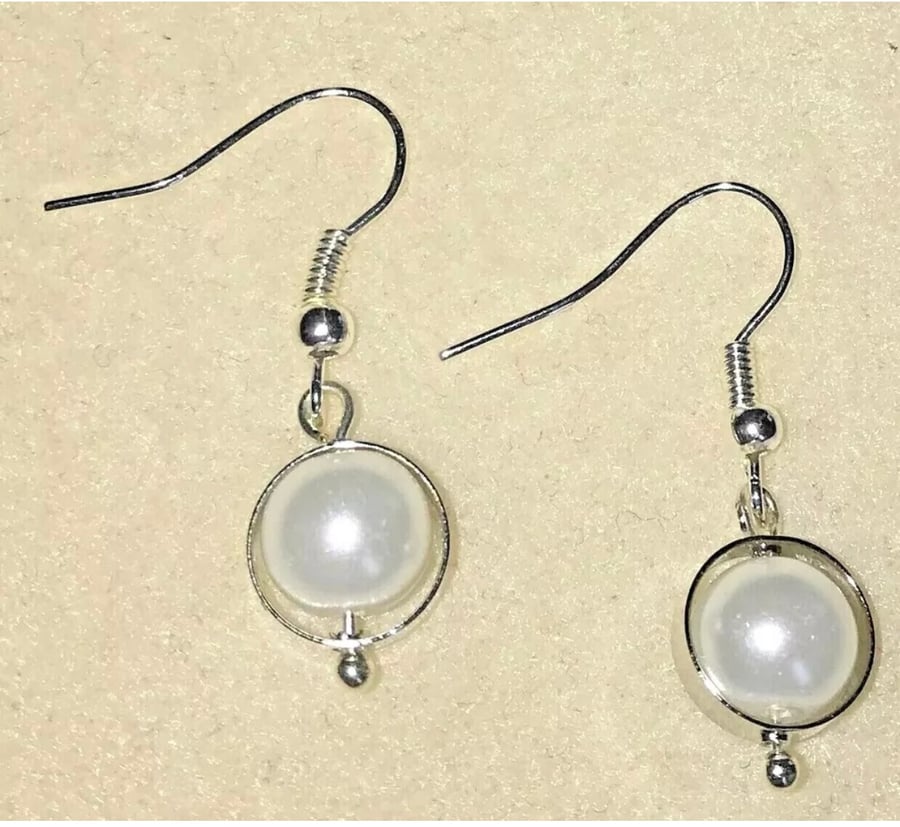 Faux Pearl Bead Silver Plated Dangle Earrings