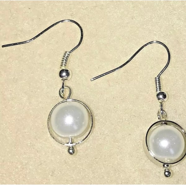 Faux Pearl Bead Silver Plated Dangle Earrings