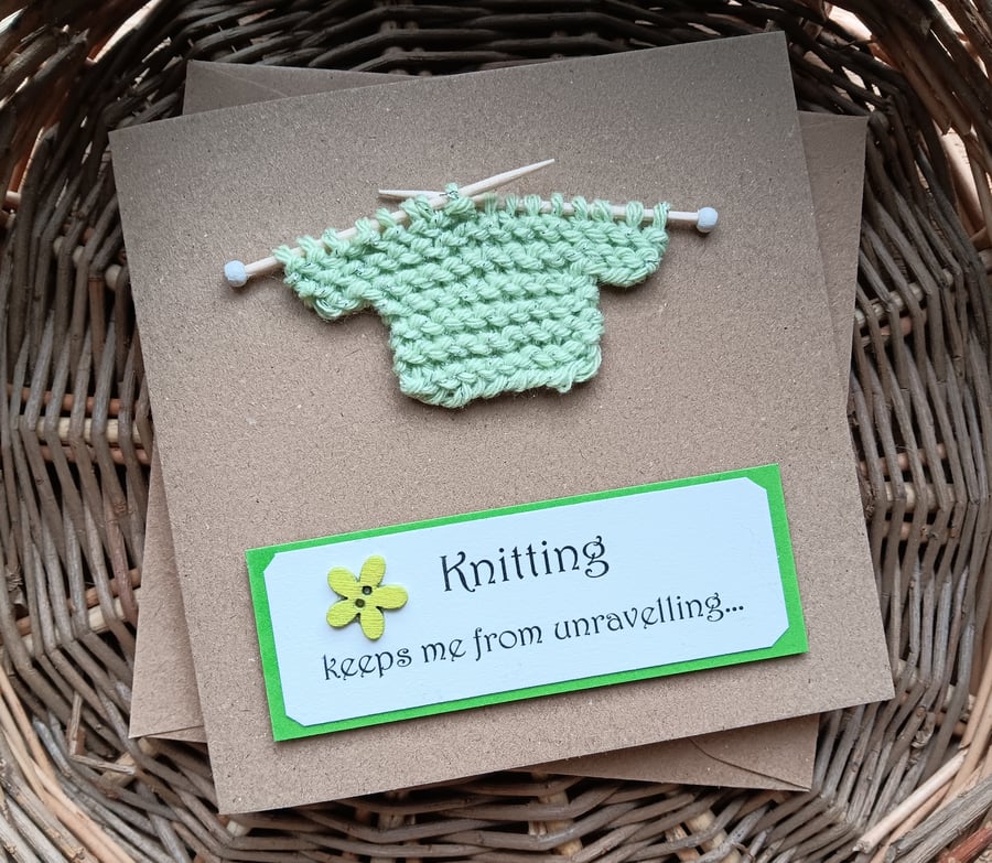 Unique Card for Knitters with Knitted Jumper in green yarn 5" x 5" 