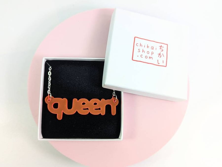Queen necklace on neon pink translucent acrylic with silver plated chain