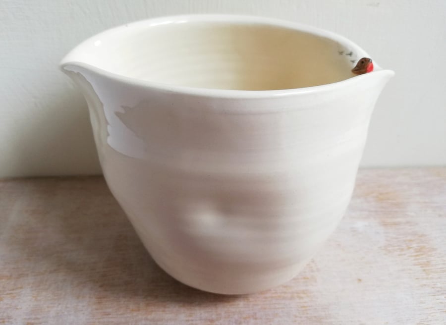Ceramic handmade robin jug handleless pourer with miniature bird and footprints 