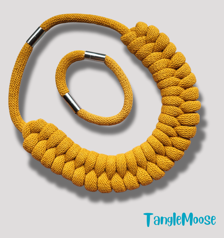 Mustard Yellow Recycled Cotton Necklace & Bracelet Set – Handmade Eco-Friendly