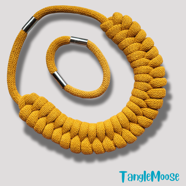 Mustard Yellow Recycled Cotton Necklace & Bracelet Set – Handmade Eco-Friendly