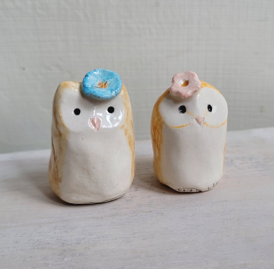 ceramic owl figurine handmade pottery barn owl with flower, gift for bird lover 