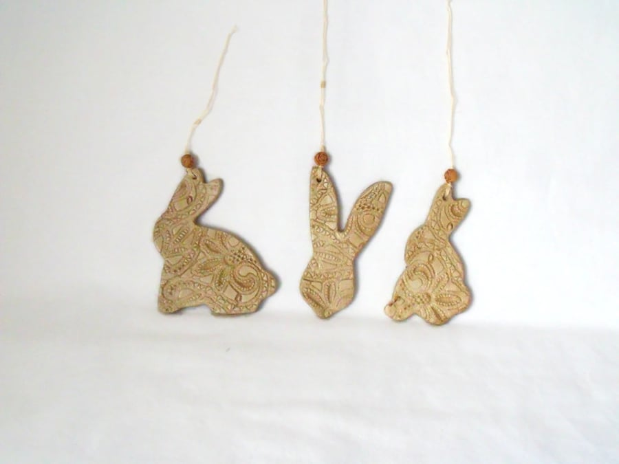 set of three easter bunny ceramic decorative hangers in beige