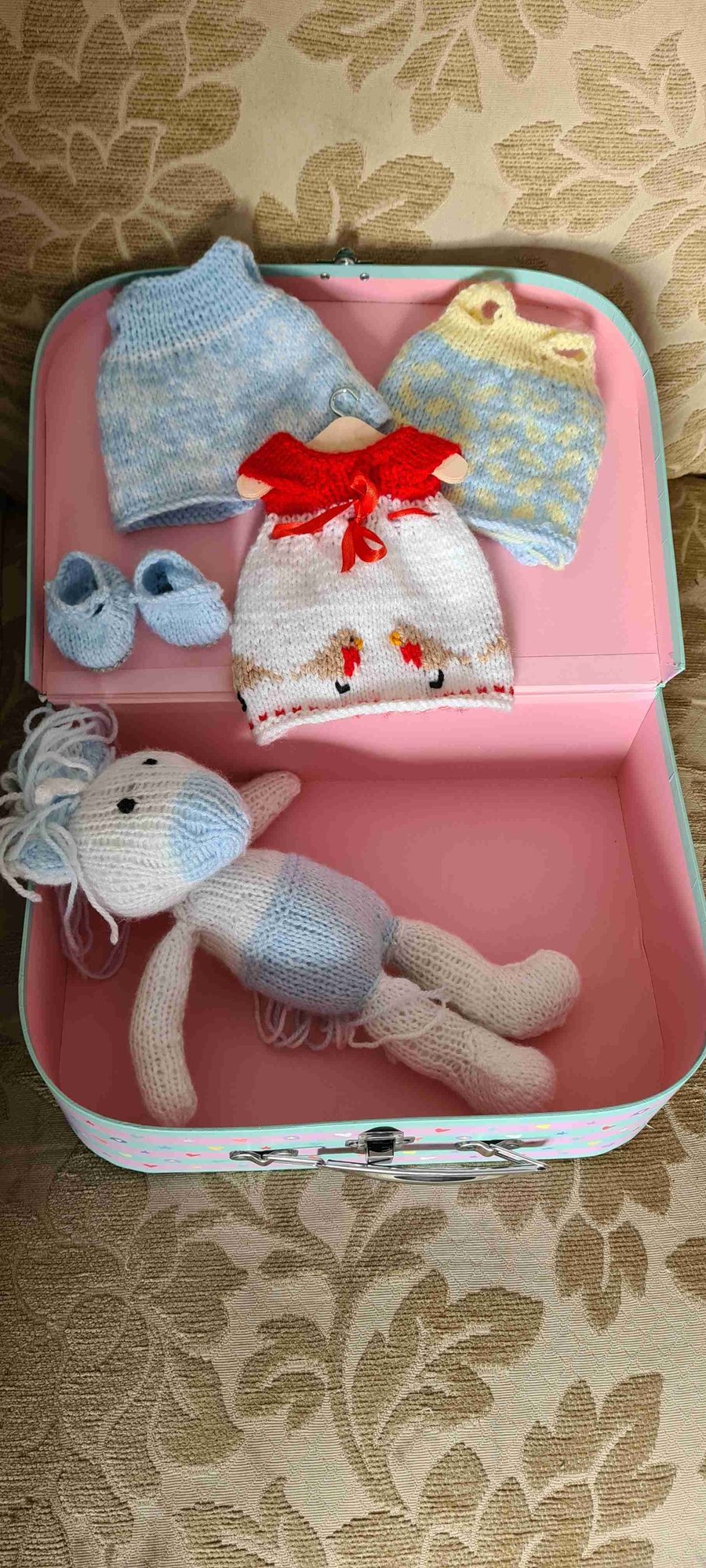 Hand knitted Unicorn in  suitcase