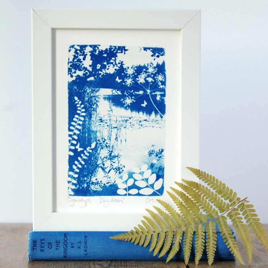 'Day dream' Original Cyanotype with Vetch, Ferns & Butterflies Blue & White