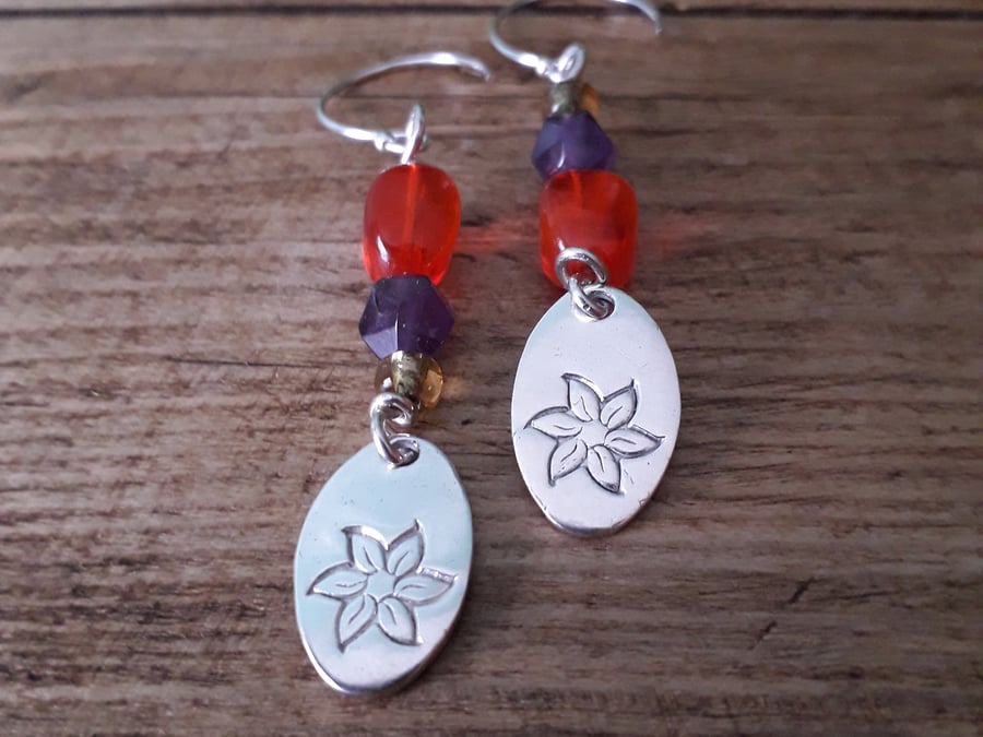Recycled Glass and Gemstone Beads Flower Earrings Silver