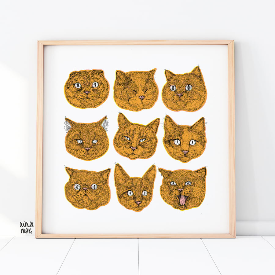 Nine Ginger Cats Print - Cat Illustration - Cat Art - Ginger Cats - Cat Lover