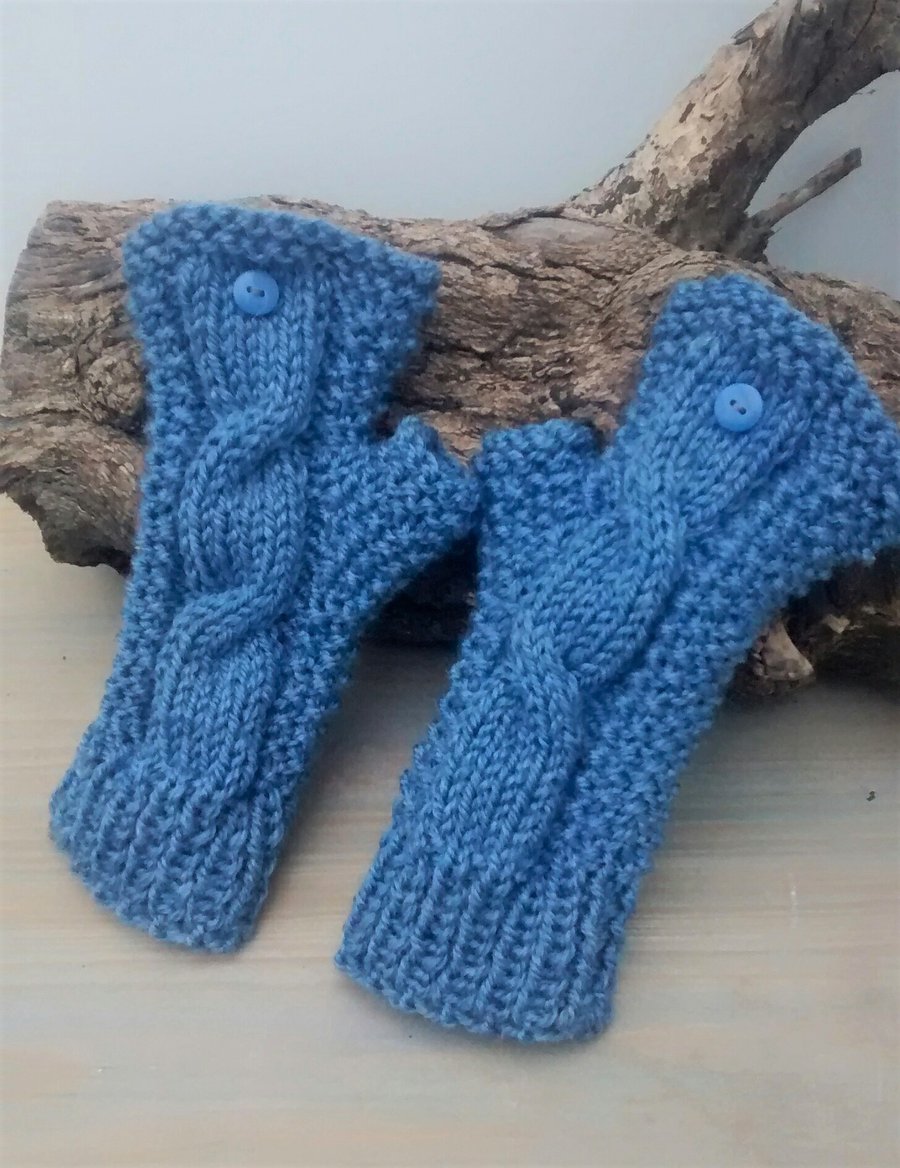 Wrist Warmers,  Fingerless Gloves in Blue Aran 