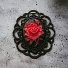Red Rose Filigree Brooch Halloween Goth Steampunk 